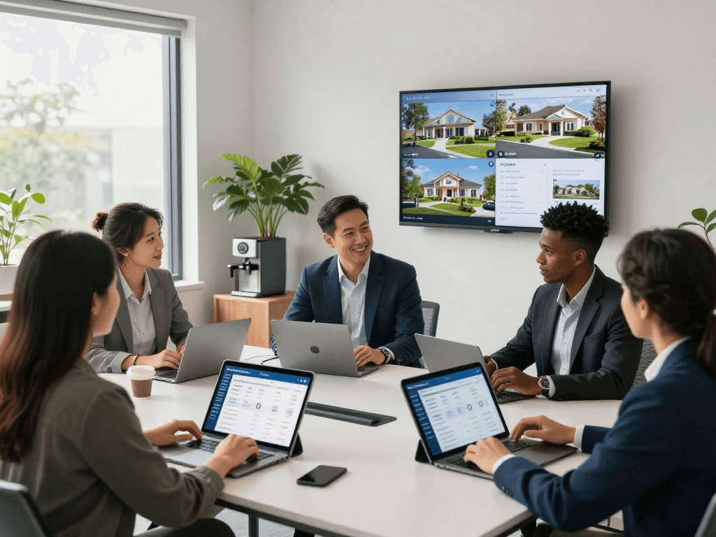 Real estate agents utilizing IDXSTAR technology in a modern office environment, showcasing property listings and market analytics for clients.