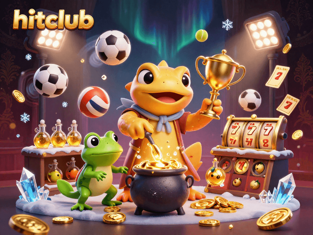 Hitclub's 3D illustration showcases an alchemist, frog, and newts in a vibrant, dynamic casino scene.