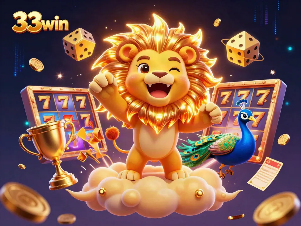 Experience the thrill of 33win with a majestic sun lion celebrating gaming success among dazzling casino elements.