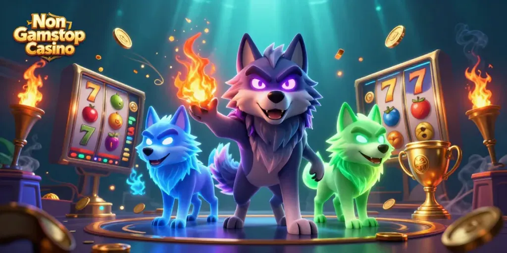 Engage with top Non Gamstop Casino elements featuring wolf characters and slot game icons.