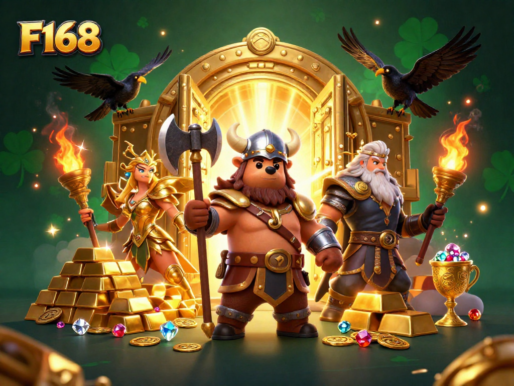 Spin and win big at F168's vibrant online casino, featuring thrilling characters and treasures.