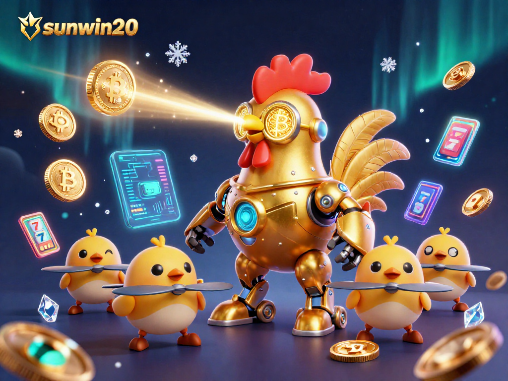 Engage with the thrilling sunwin20 casino experience featuring the golden rooster robot amid dynamic gaming elements.