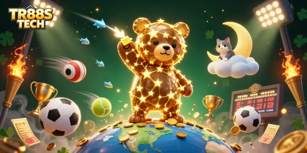 Engage with TR88S TECH at the vibrant online casino, featuring animated characters and sports elements.