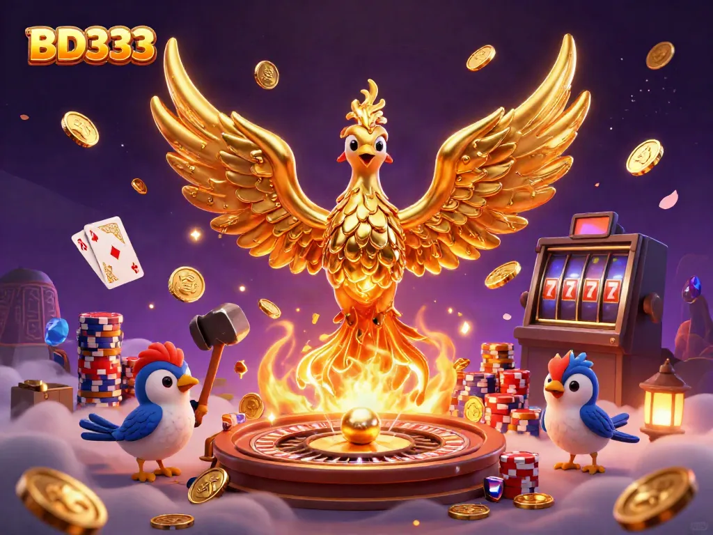 Experience the thrill with BD333's molten phoenix and gaming elements in a spectacular casino scene.