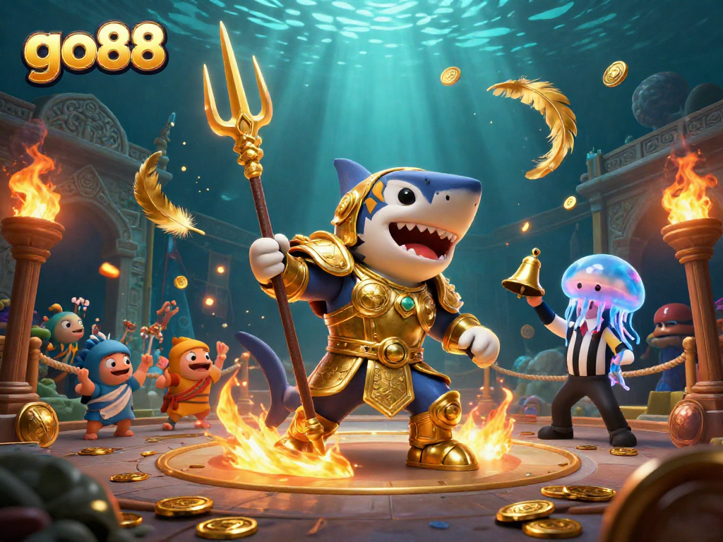 Engage with go88 as a fiery tiger shark embodies the thrill of online gaming in a vibrant underwater colosseum.