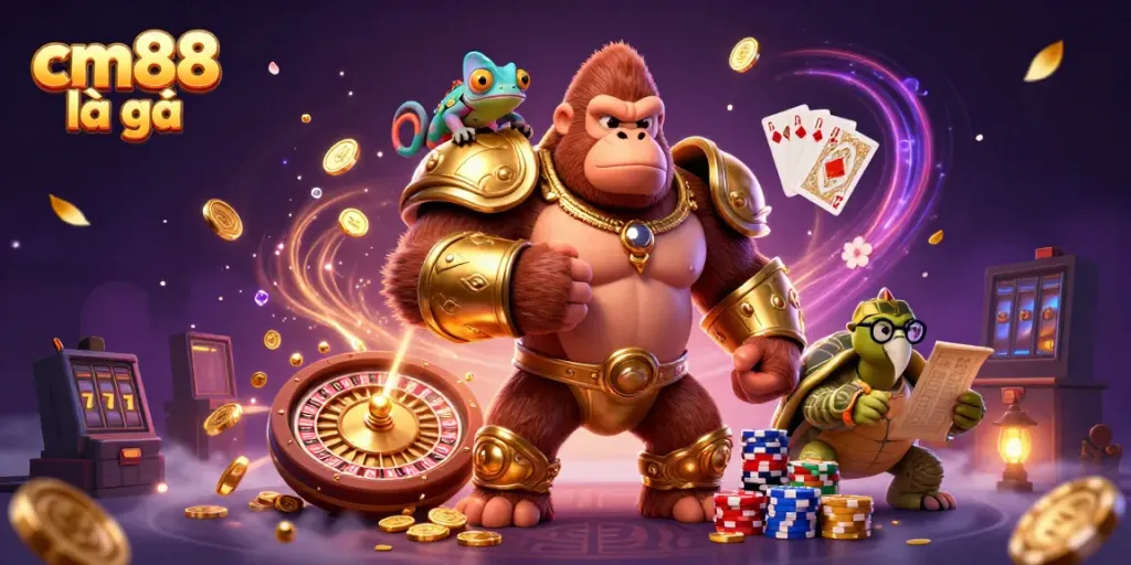 Engage with cm88 là gì featuring lively gorilla king, chameleon, and tortoise in a casino scene.