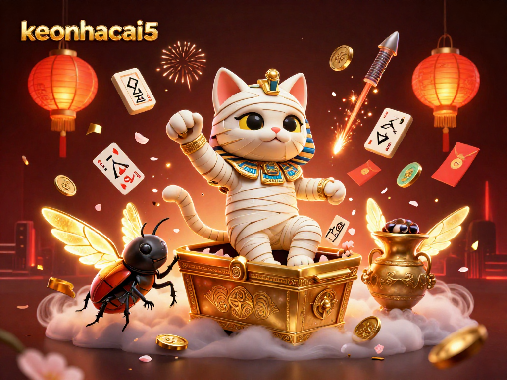 Experience the exciting atmosphere of keonhacai5 with an Egyptian mummy cat at a casino bursting with vibrant game elements.