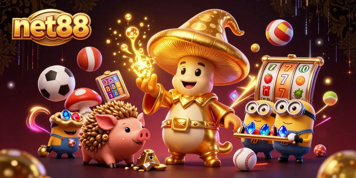 Experience net88 with a dynamic casino scene featuring golden mushroom wizard and vibrant sports elements.