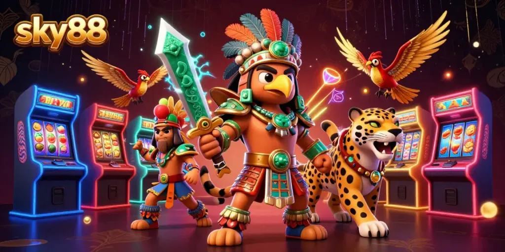 Experience thrilling gameplay with sky88 in a vibrant 3D casino illustration featuring warriors and slot machines.