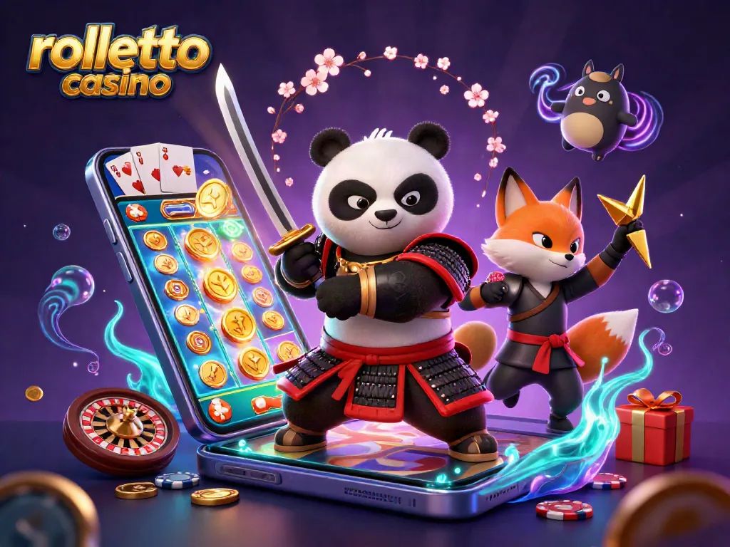 Experience rolletto casino with a dynamic 3D illustration featuring a samurai panda, ninja fox, and magical tanuki.