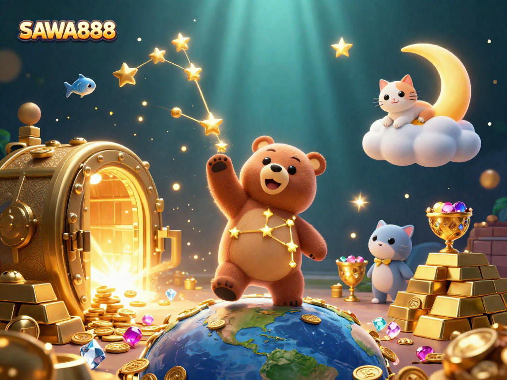 Experience the magic of SAWA888 as a constellation bear scoops up coins in a vibrant, casino-themed illustration.