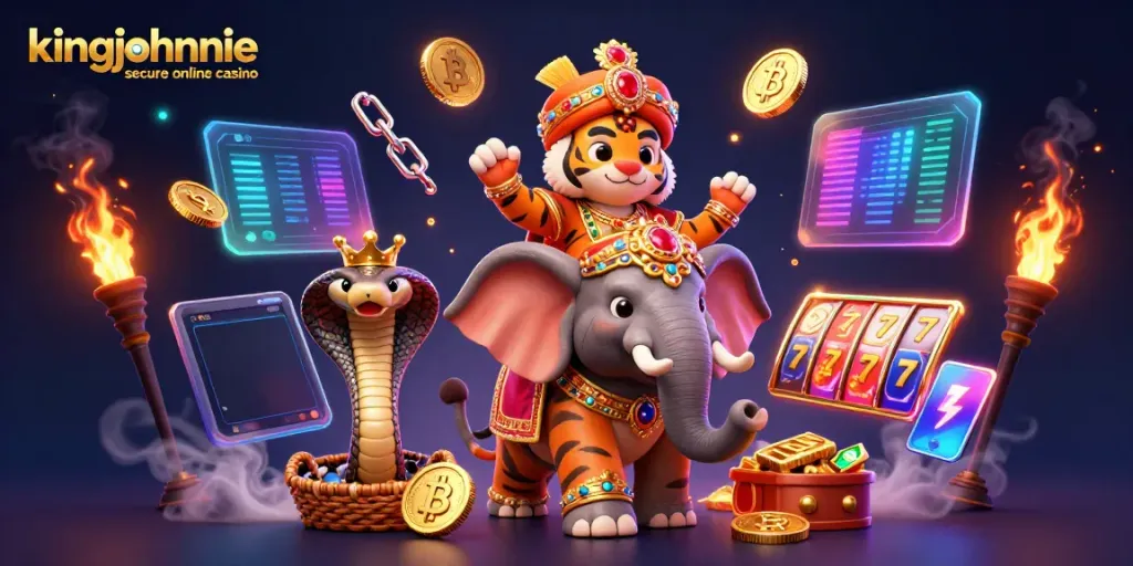 Experience kingjohnnie secure online casino with vibrant slot-themed 3D digital illustration featuring a royal tiger and elephant.