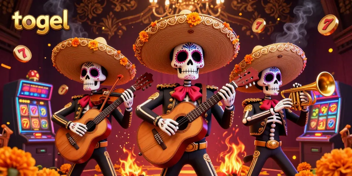 Togel-themed illustration showcasing a colorful mariachi band amidst casino elements, vibrant and rich in detail.