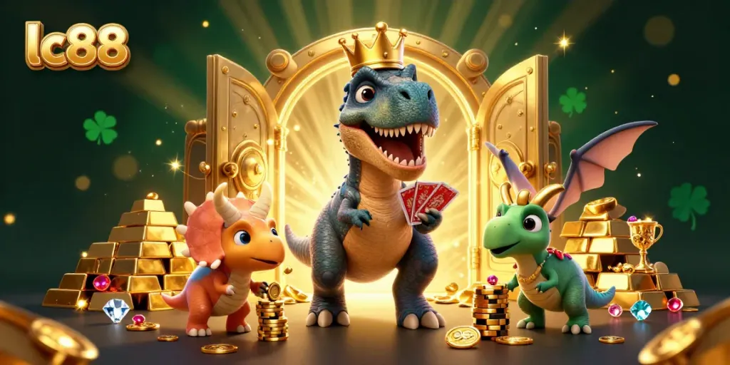 Experience thrilling lc88 casino action with a T-Rex shuffling cards and friends stacking chips.