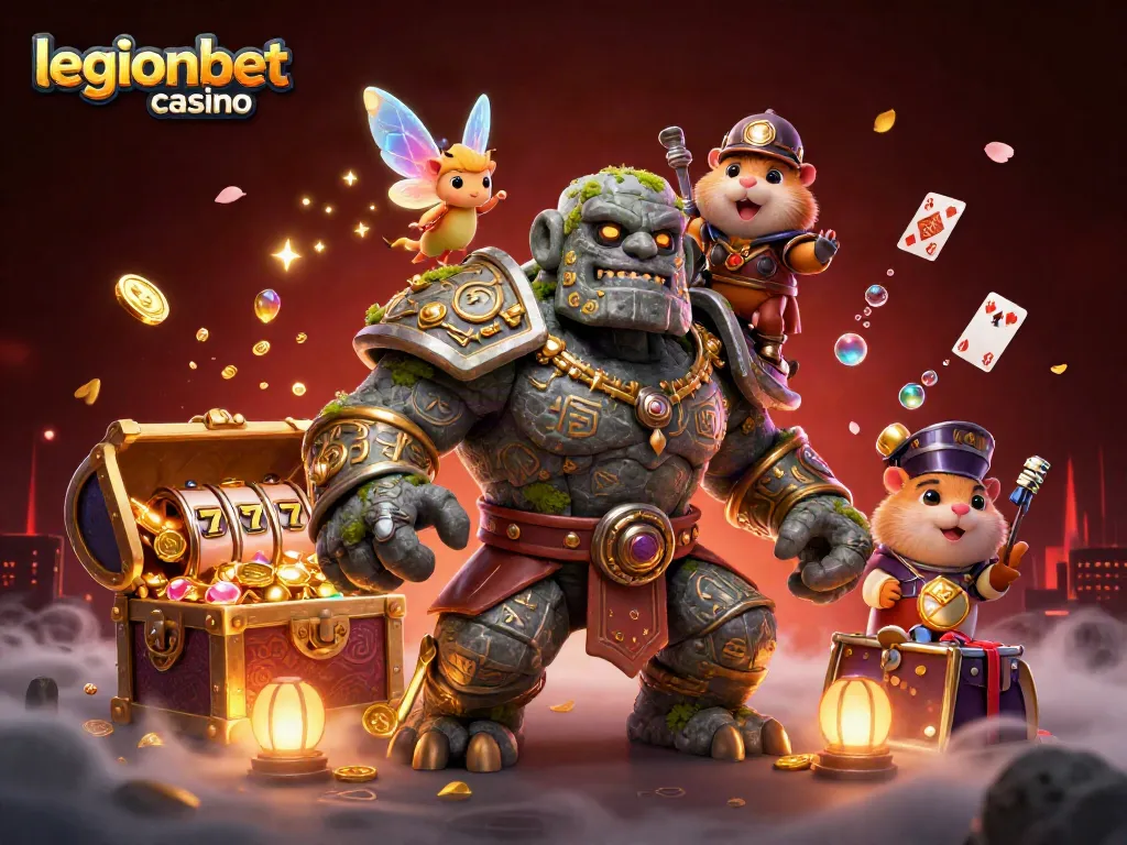 Immerse in the adventure at legionbet casino with a magical 3D scene featuring a golem guardian, a fairy, and a hamster knight.