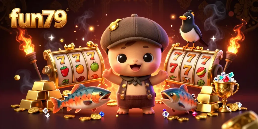 Play fun79 slots with 3D cartoon baby Nessie and gold treasures in a vibrant casino scene.