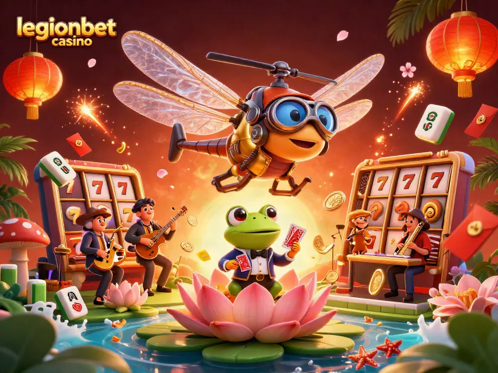 Play exciting slots at legionbet casino with vibrant characters and festive gambling elements.