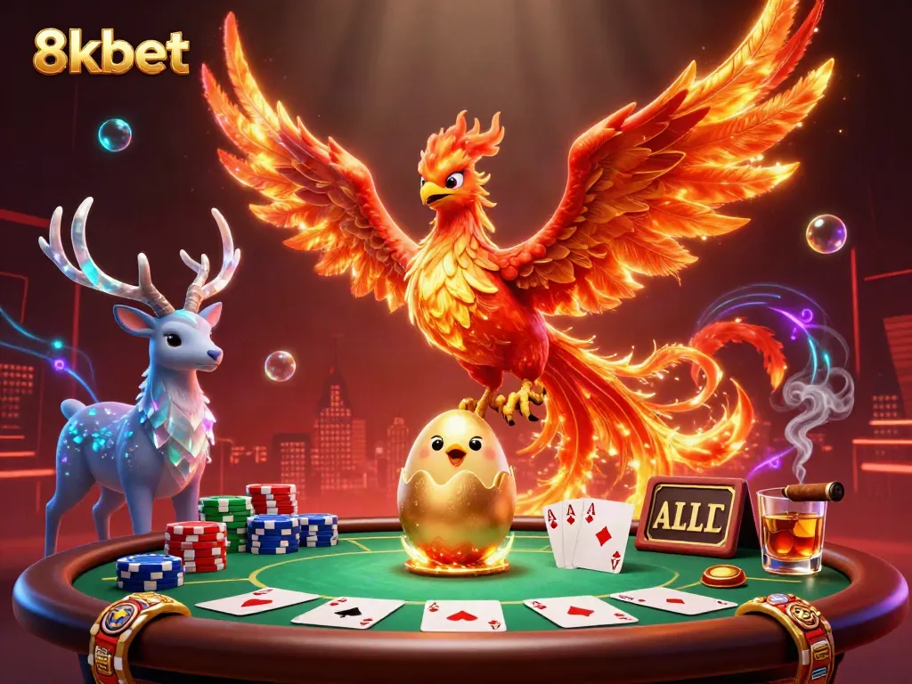 Experience the vibrant, action-packed world of 8xbet featuring a phoenix soaring over poker elements.