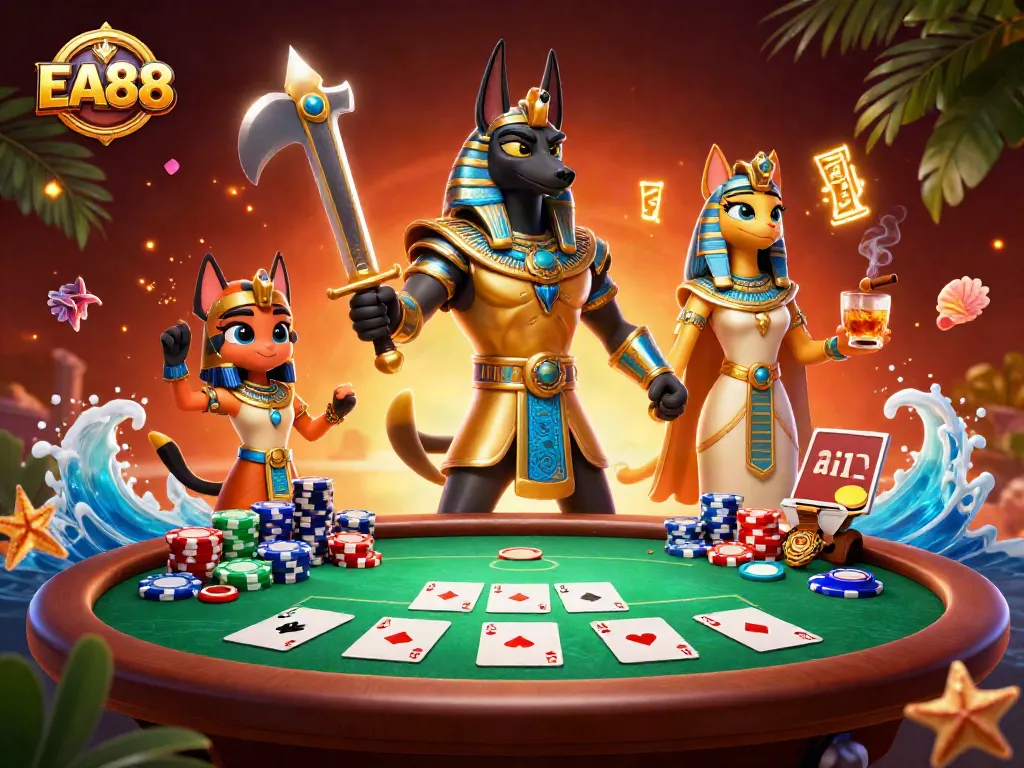 Engage with EA88 in a vibrant poker scene featuring Anubis and Bastet in a lavish 3D illustration.