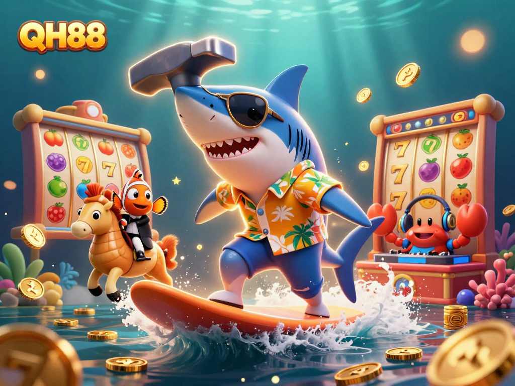 Experience QH88 with a vibrant underwater casino scene featuring a shark and colorful sea life.