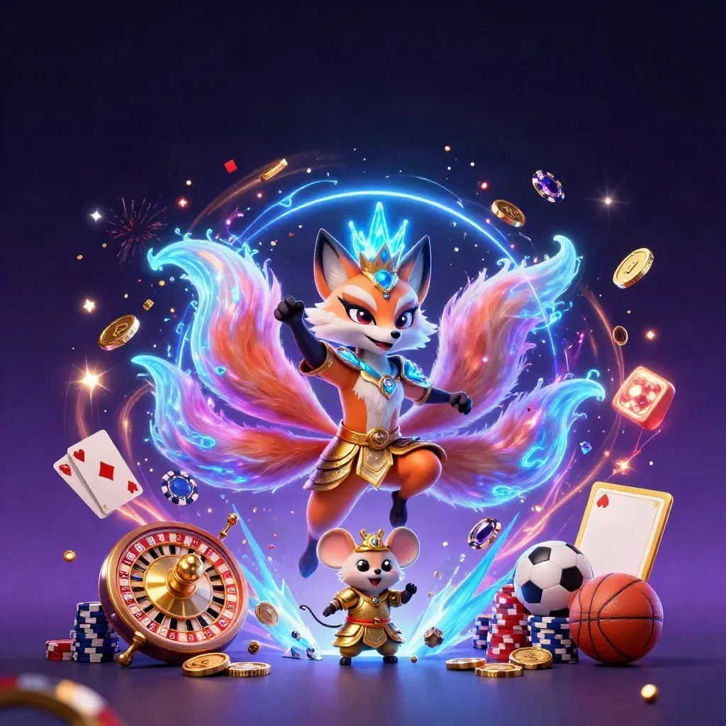 Nine-tailed fox spirit and gold-armoured mouse amid casino magic, coins, cards and neon energy.
