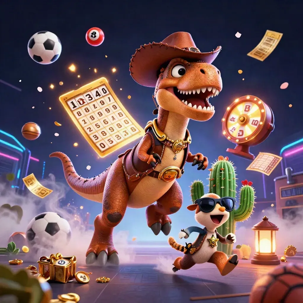 Cowboy T-Rex, cactus, and roadrunner amid neon casino props and treasure sparks.