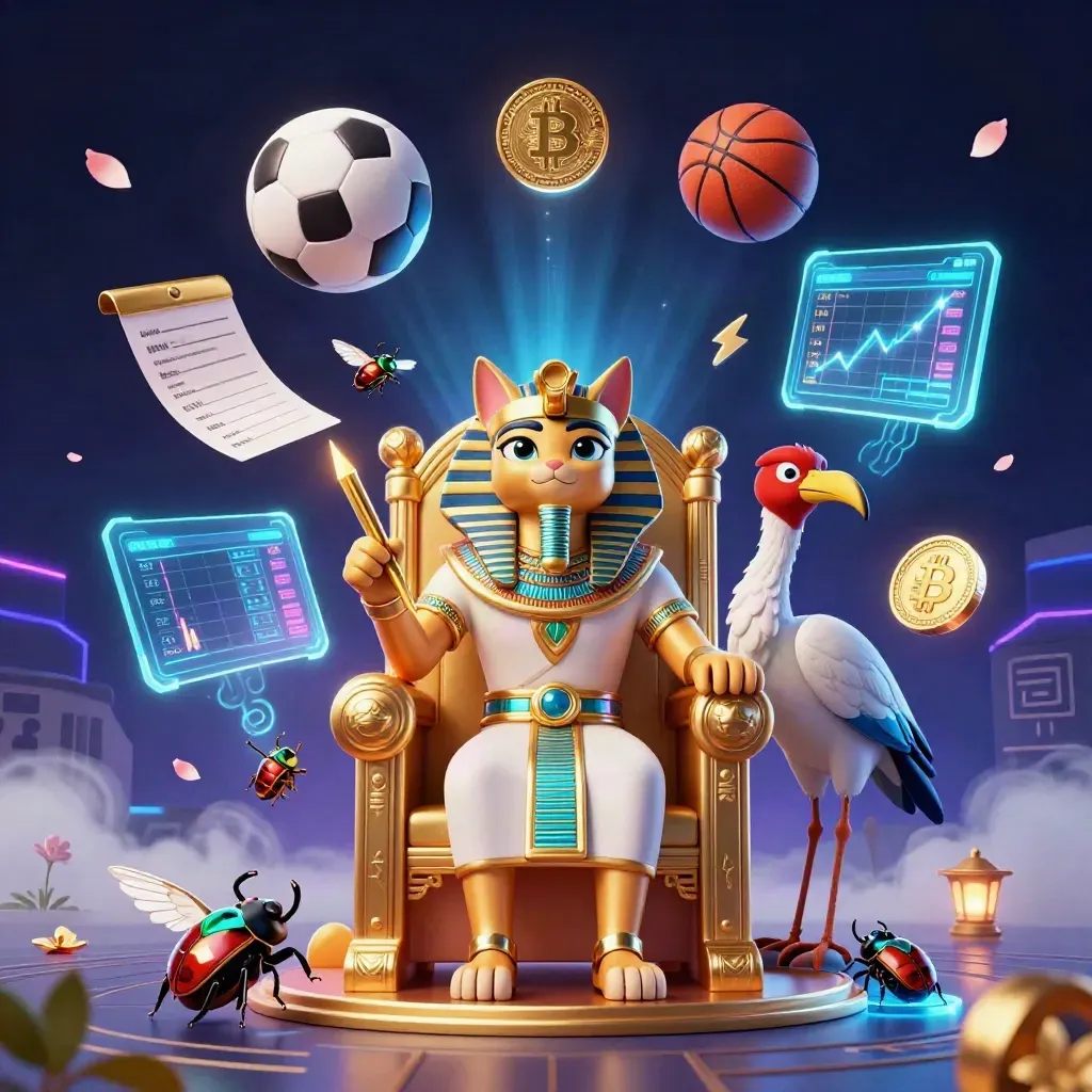 Pharaoh cat, ibis, scarabs, coins, and sports gear in neon casino key art.