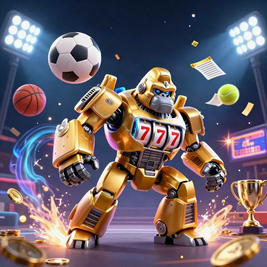 Golden gorilla mech with monkey pilot blasting through flying sports balls and casino light.