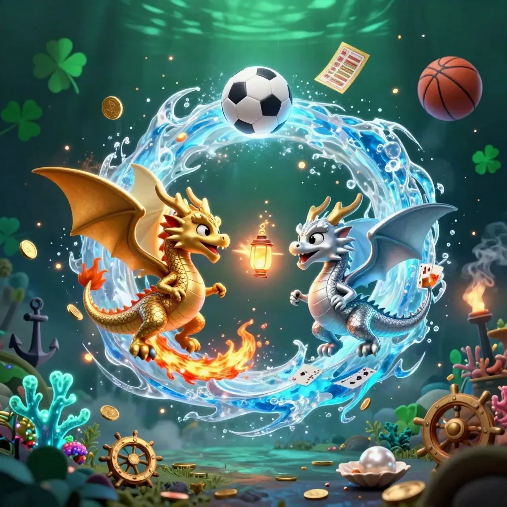 Twin gold and silver dragons spiral with fire and ice amid casino sports and treasure effects.