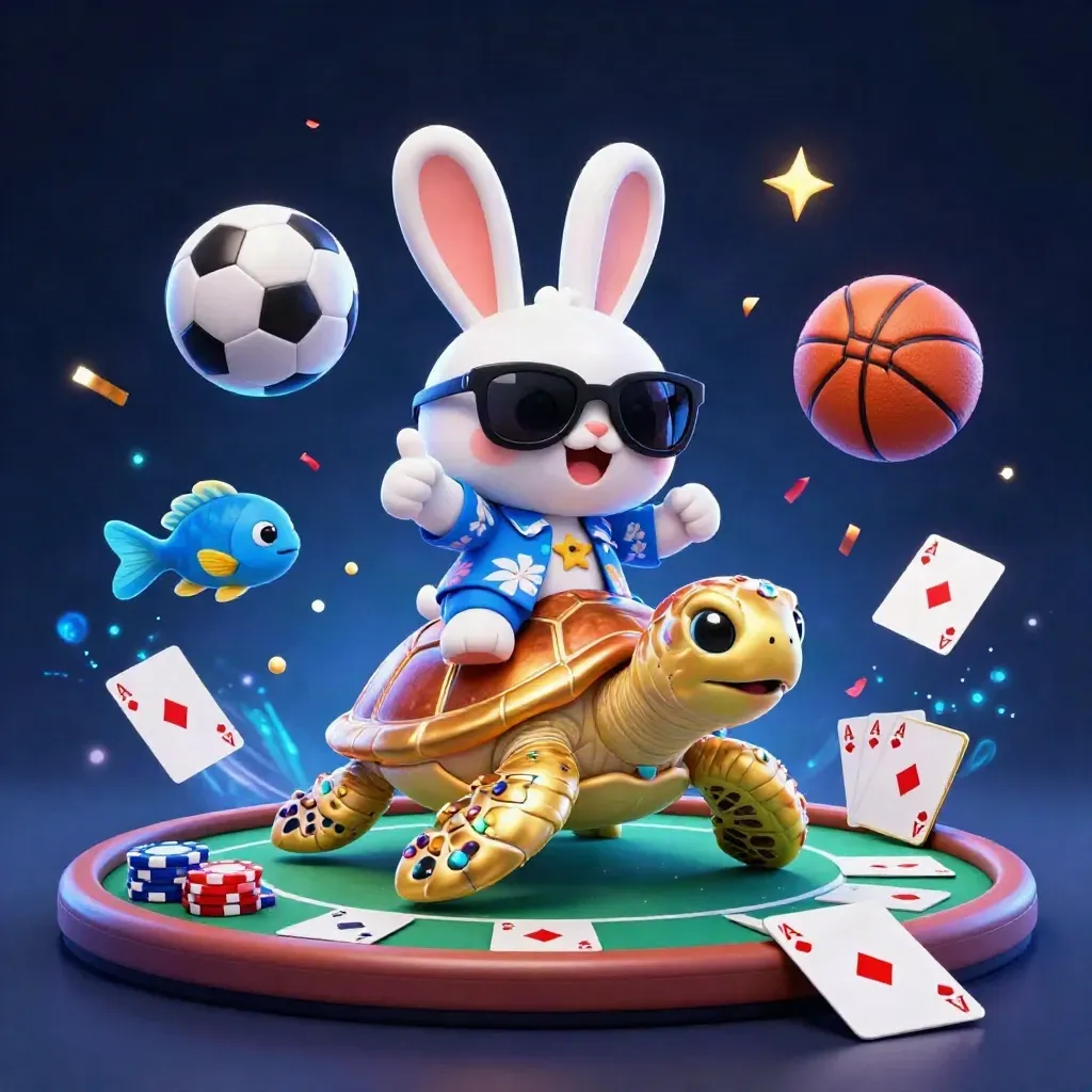 Lucky rabbit on a golden turtle amid casino chips, cards, confetti, fireworks and sports balls.