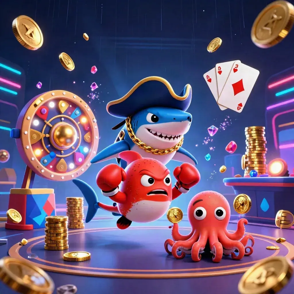 Shark captain, pufferfish, and octopus in a neon casino with coins, cards, and roulette wheel.