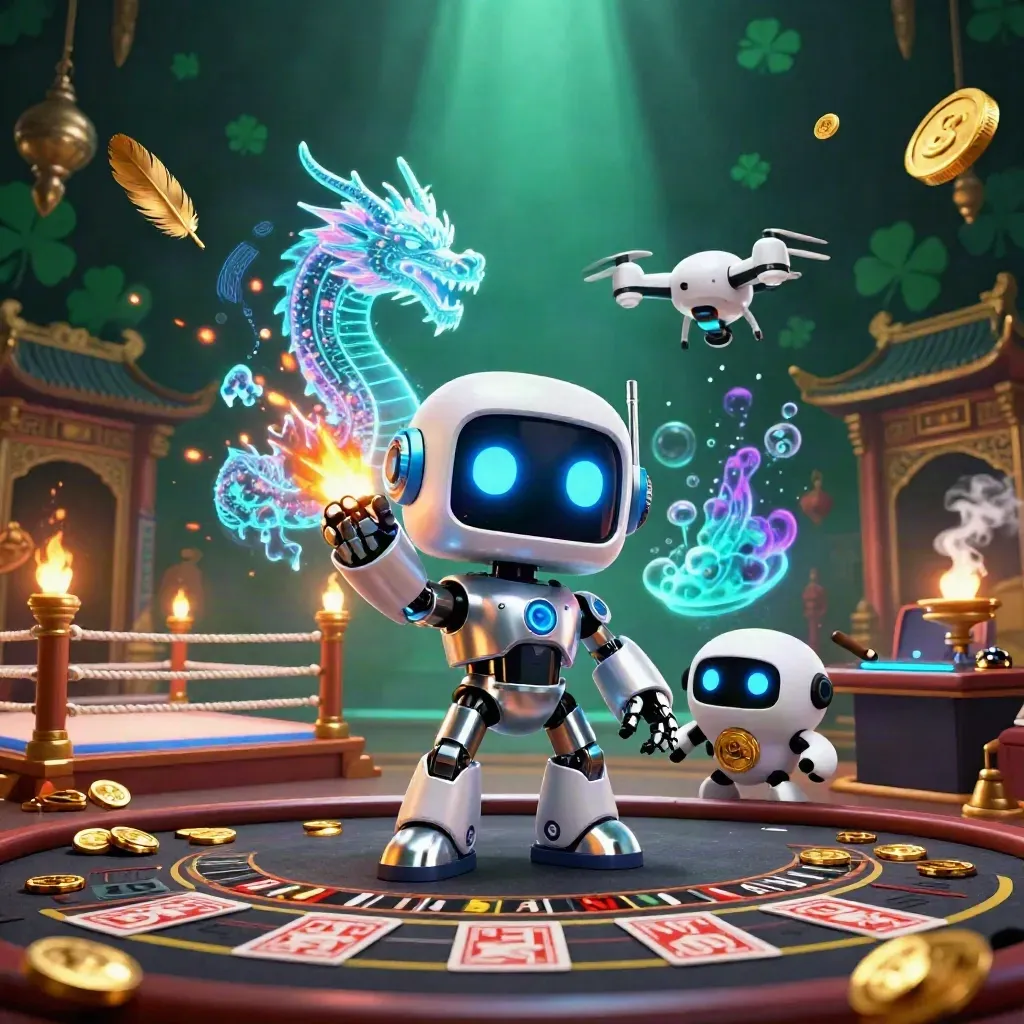 Cyberpunk robot, hologram dragon and coin drone in a luxe casino temple with glowing effects