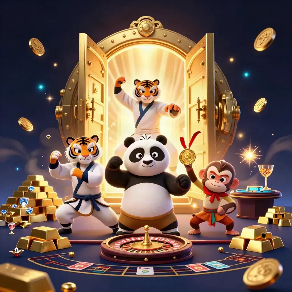 Tiger, panda, and monkey in a vault-lit casino fantasy with gold, gems, and blue glow.