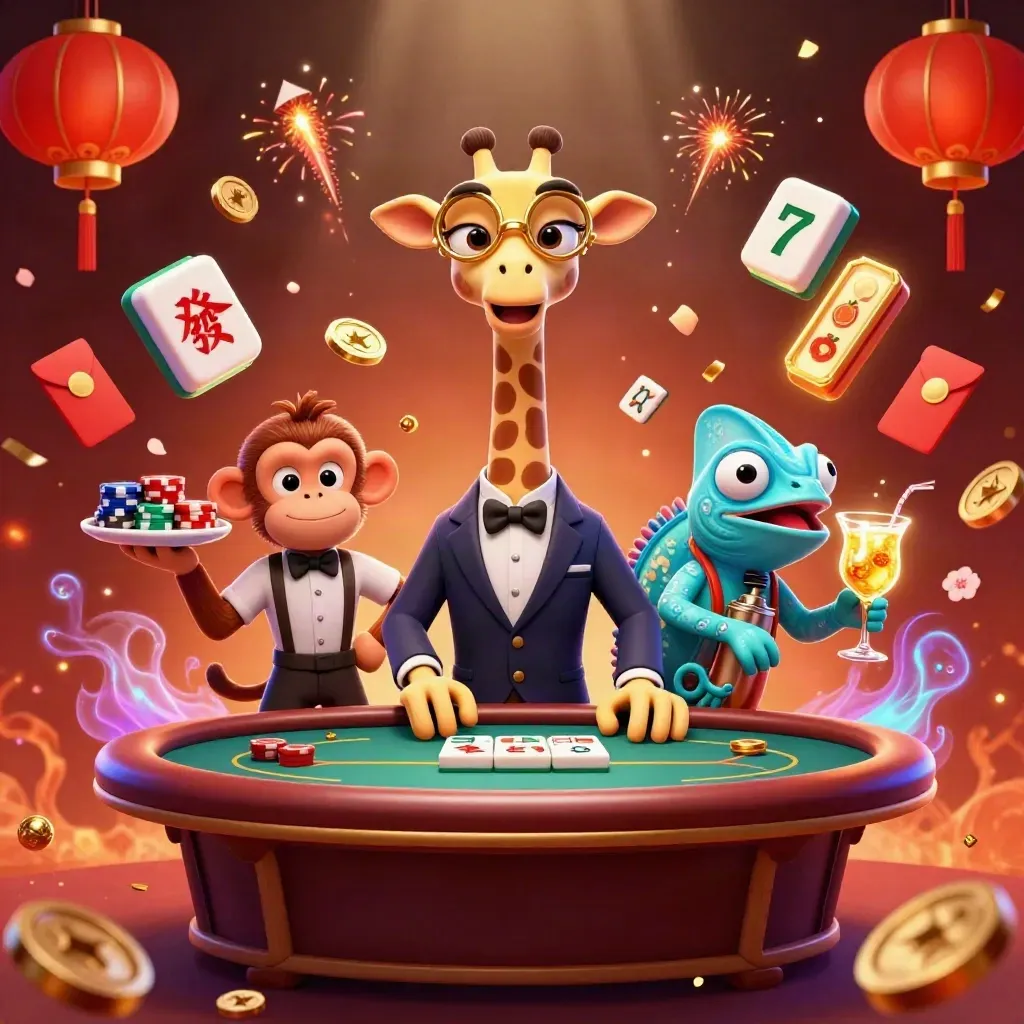 A giraffe high roller, monkey valet, and chameleon bartender in a neon casino burst with lucky game props.