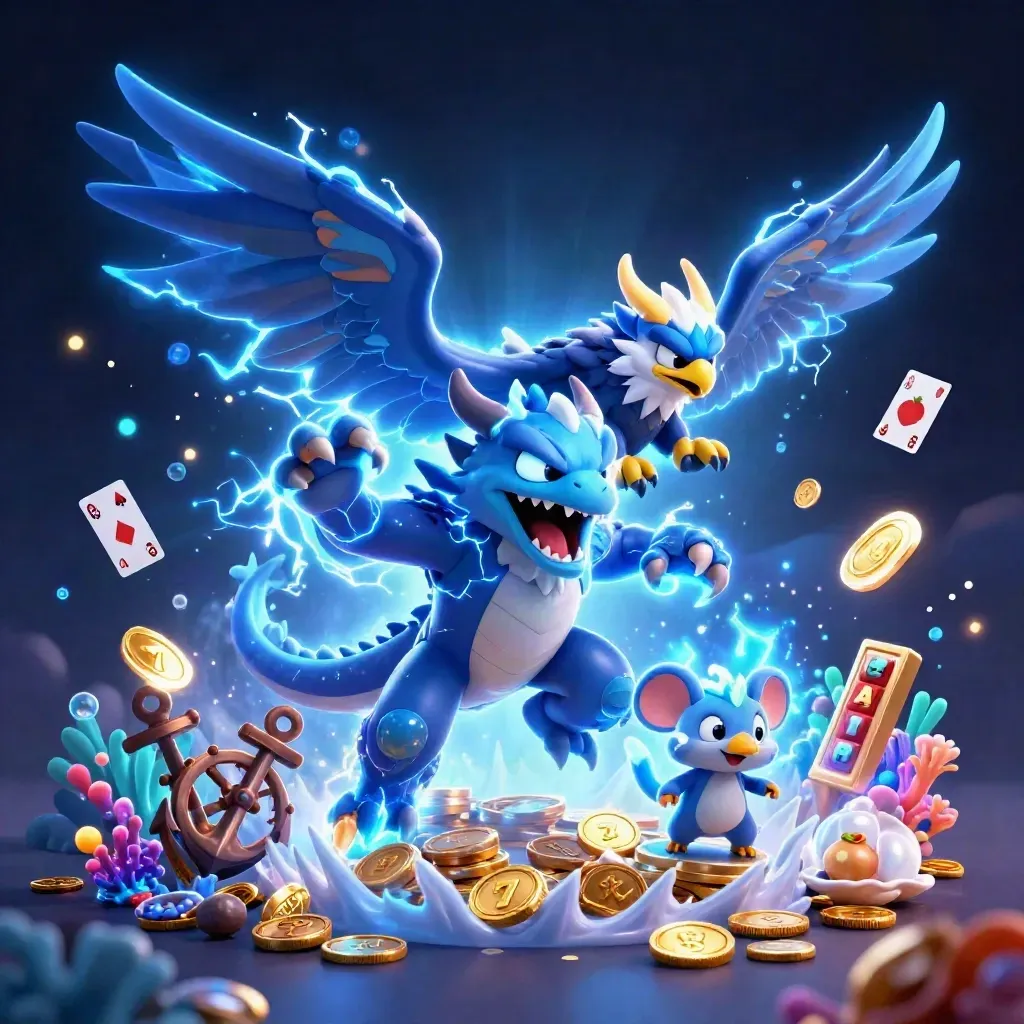 Thunder dragon, wind hawk, and static mouse amid treasure, gems, coins, and glowing blue lightning.