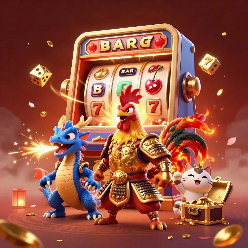Rooster warrior, dragon hatchling and fortune cat explode with gold around a bursting slot machine.