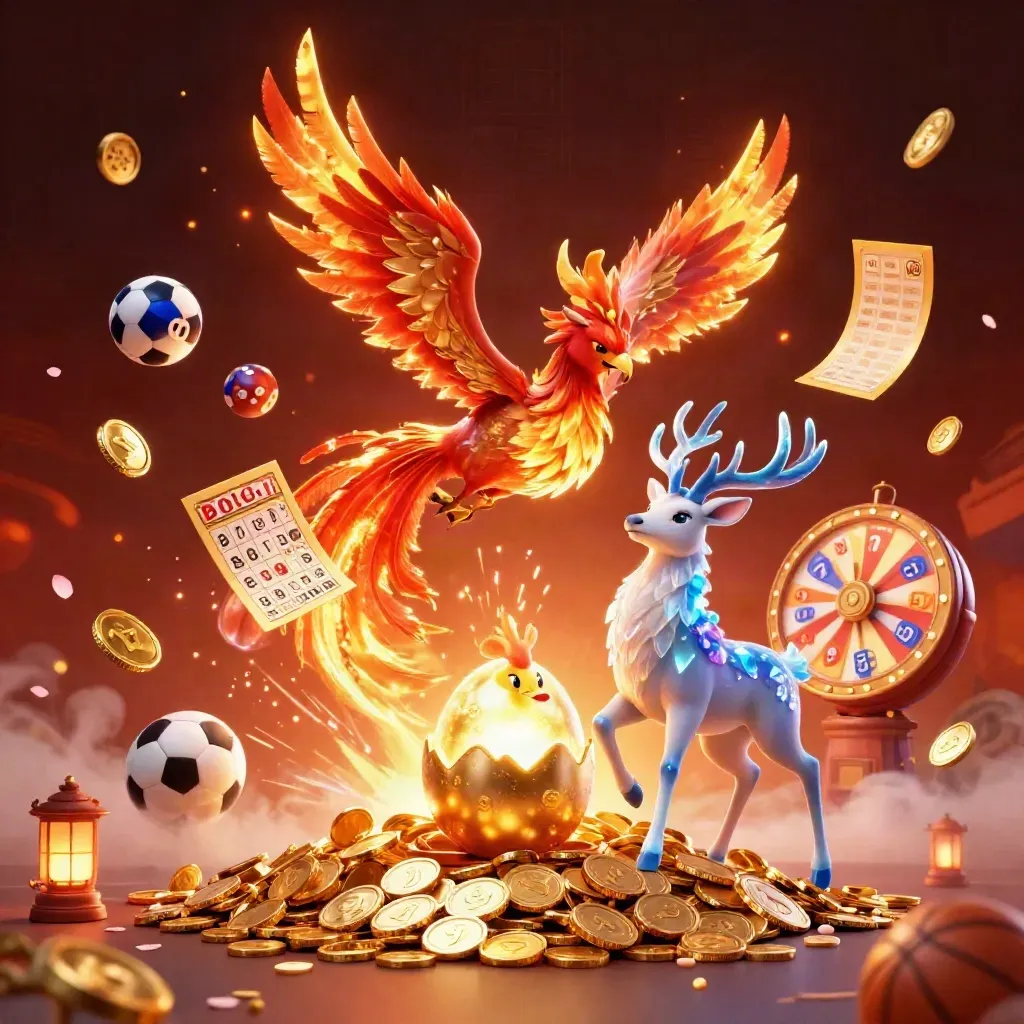 Fire phoenix, baby phoenix, stag, coins, fireworks, lottery balls, bingo, wheel, and sports betting icons