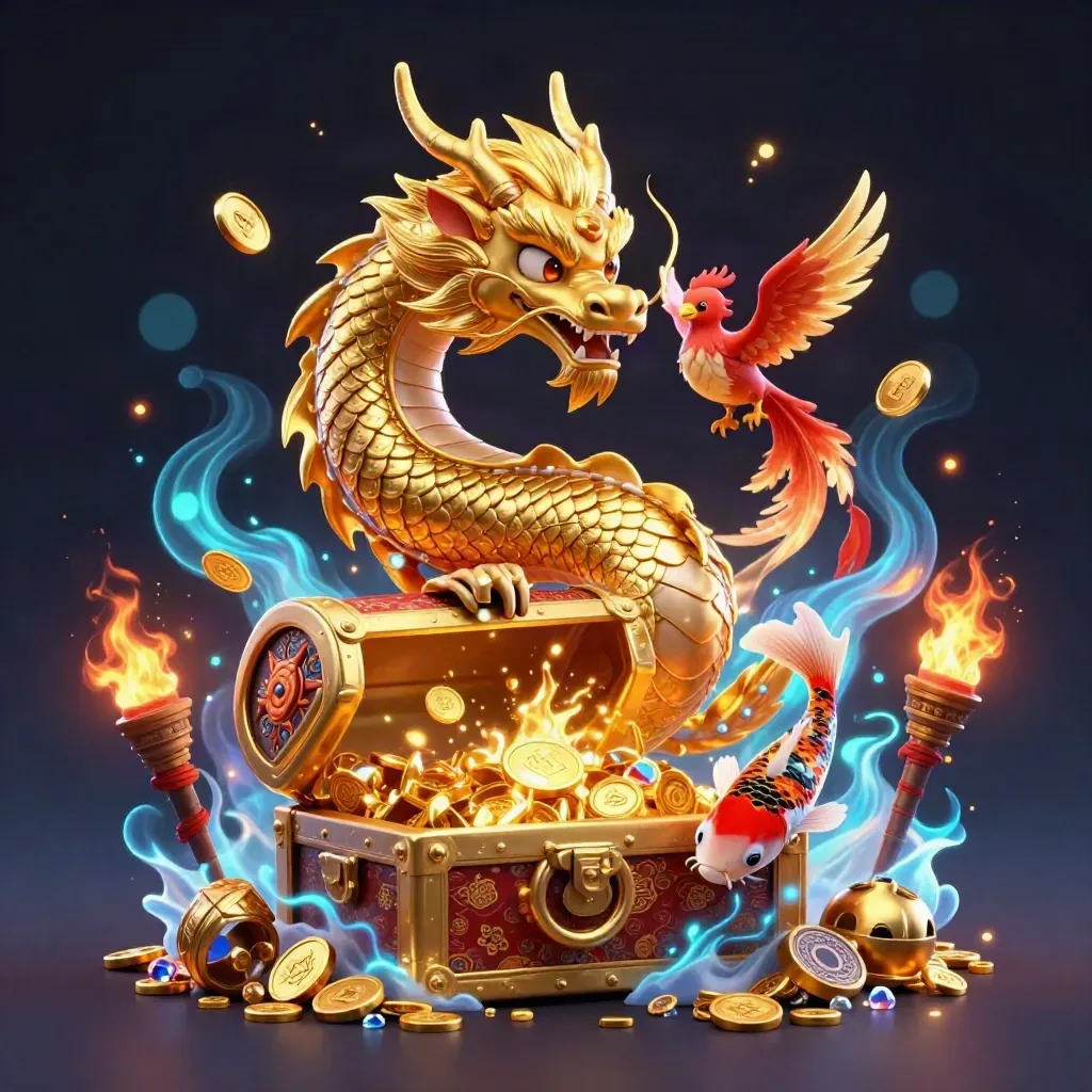 Golden dragon with phoenix and koi bursting from treasure in a neon casino fantasy scene.