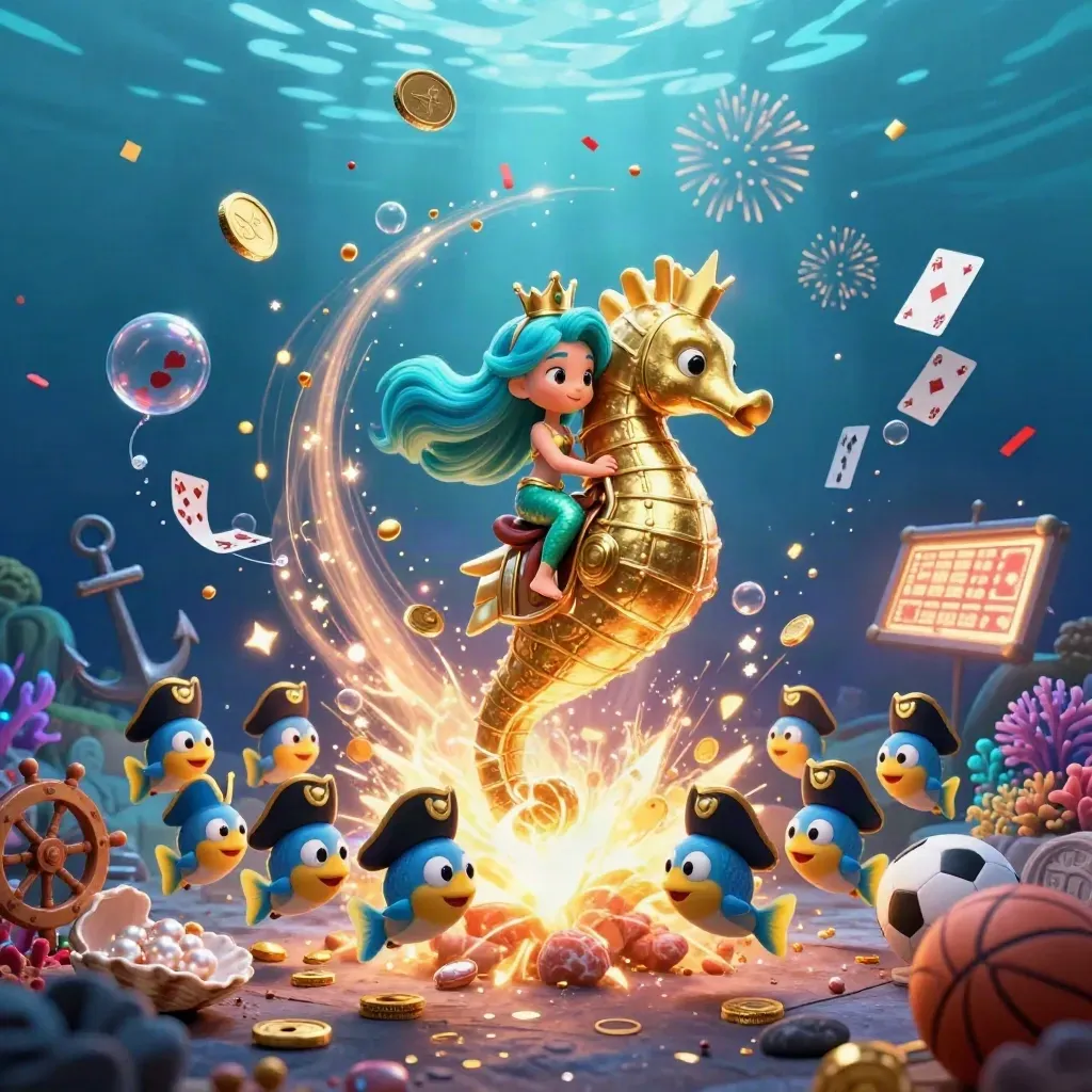 Mermaid princess on armored seahorse amid coins, fish, treasure cove, fireworks and casino props