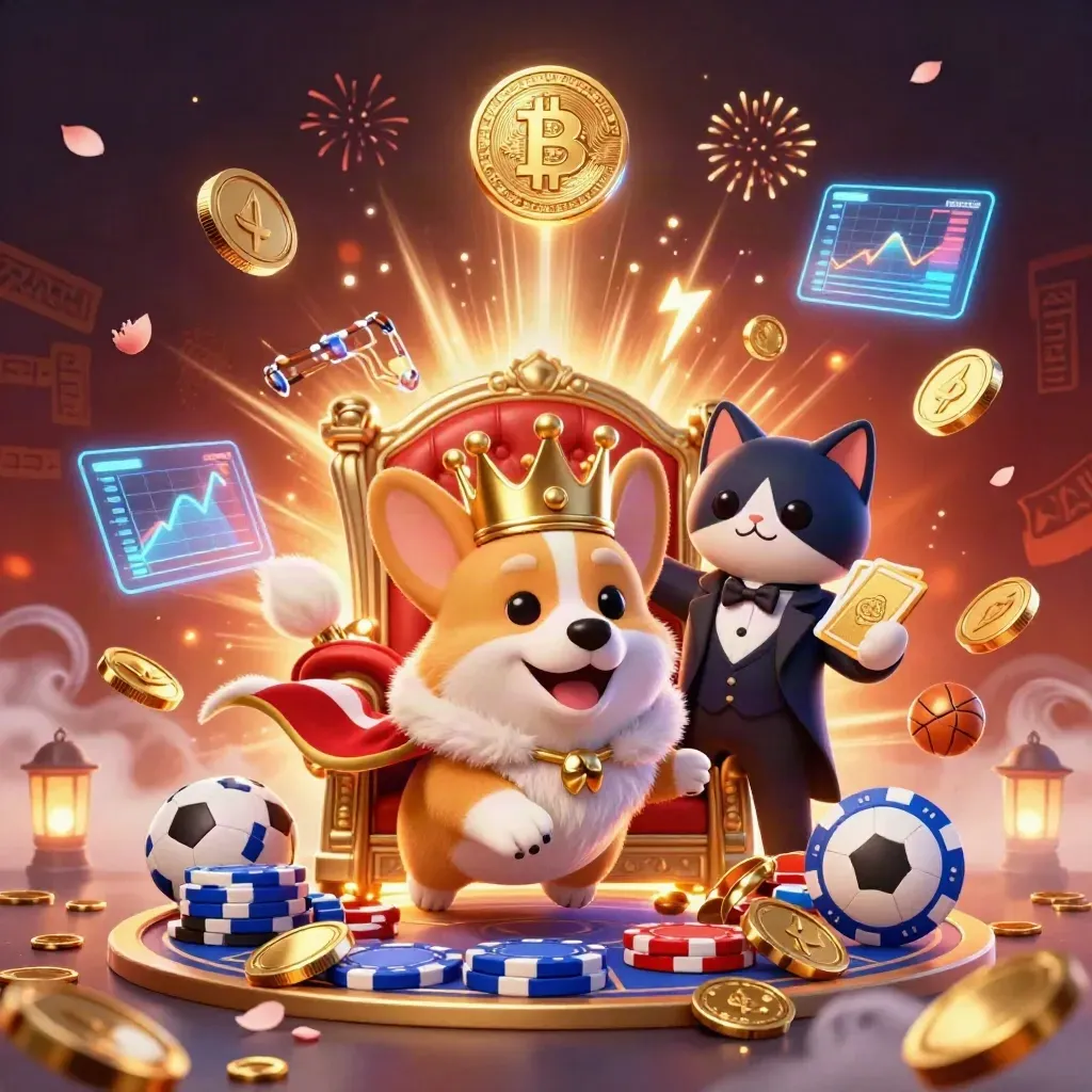 Royal corgi and cat butler amid coins, fireworks, crypto icons, and sports betting flair.
