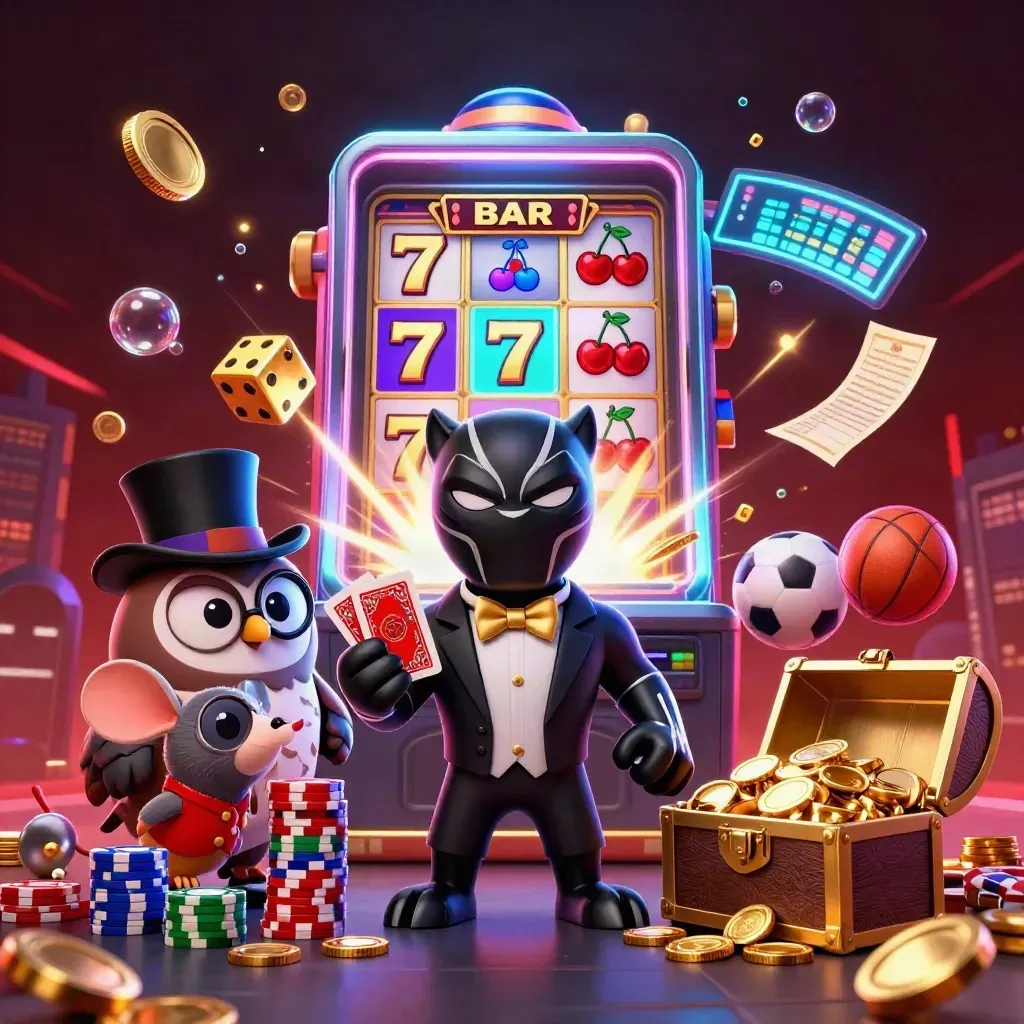 Panther, owl and mouse amid jackpot burst, gold coins, fireworks, slot symbols and sports props