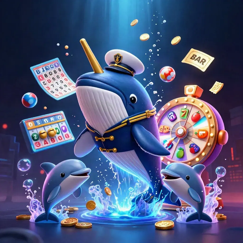 Whale captain, narwhal and dolphins burst through coins with casino props in a neon splash.