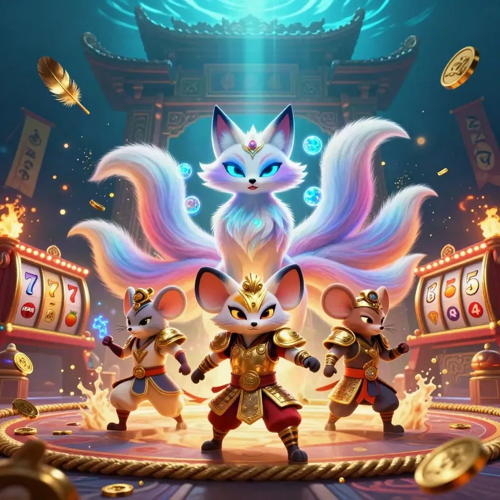 Neon fox spirit and armored mouse amid coins, reels, temple gate, and god rays.