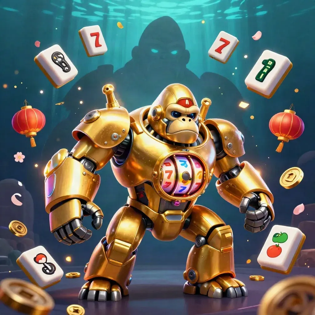 Golden gorilla slot mech with tiny monkey pilot amid reels, coins, lanterns, and blue-gold glow.