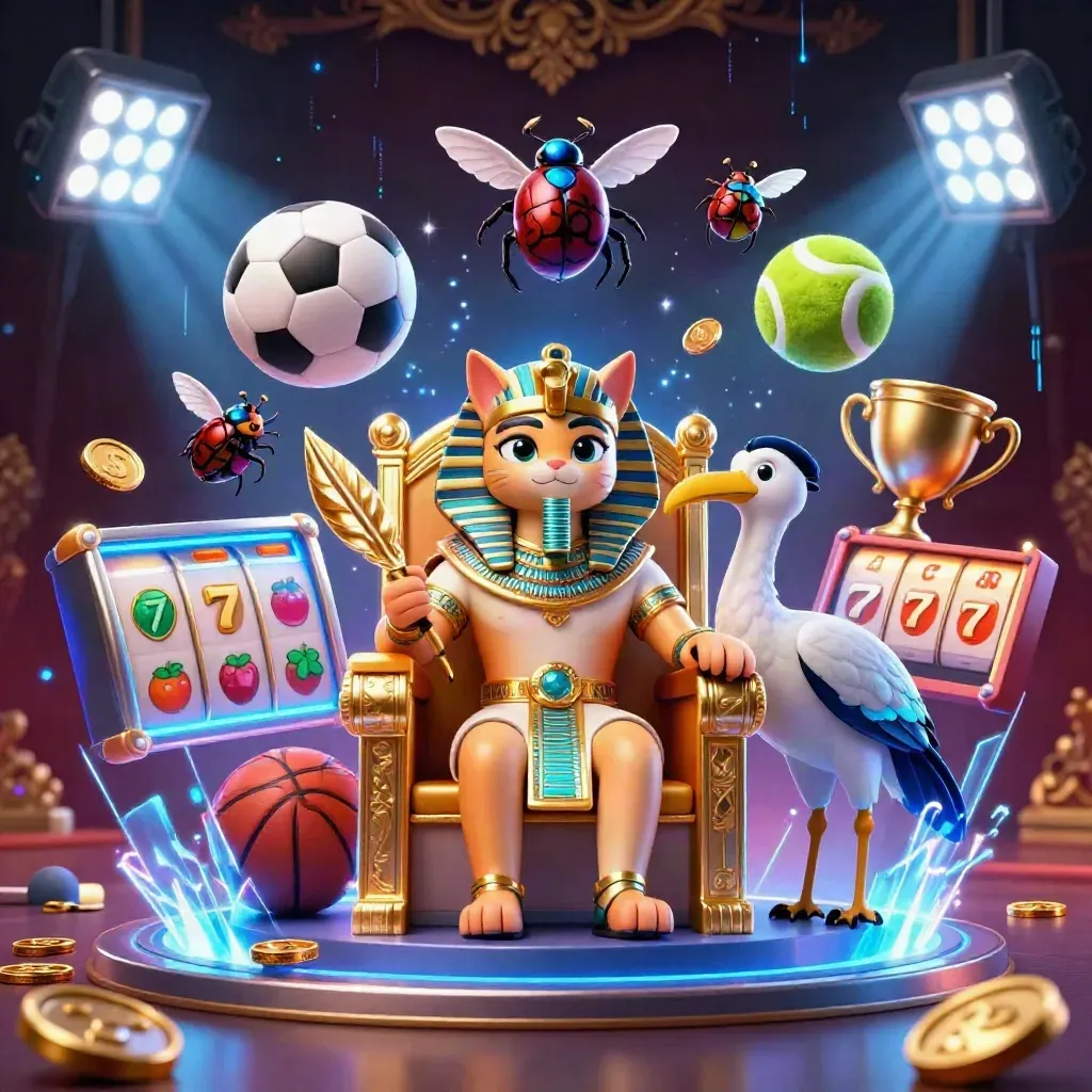 Pharaoh cat, ibis scribe, and scarab beetles amid casino symbols on a dark burgundy-gold backdrop.