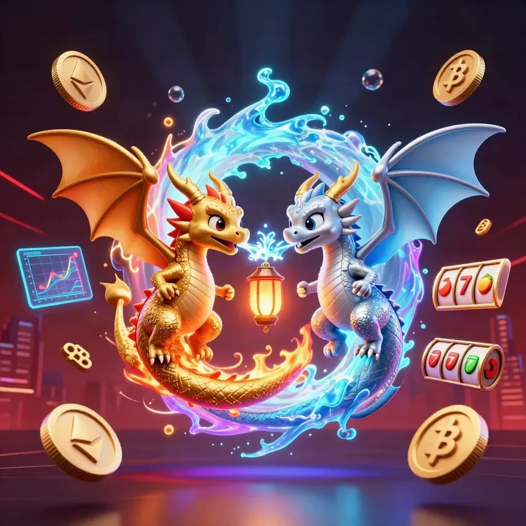 Gold and silver dragons intertwined with neon casino coins, slot reels, and a tiny lantern spirit.