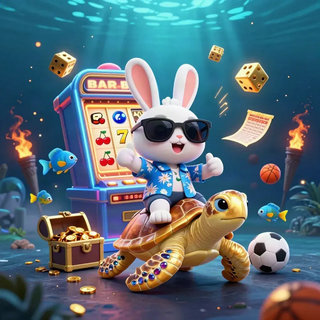 Lucky rabbit riding a golden sea turtle with casino symbols and sports props underwater