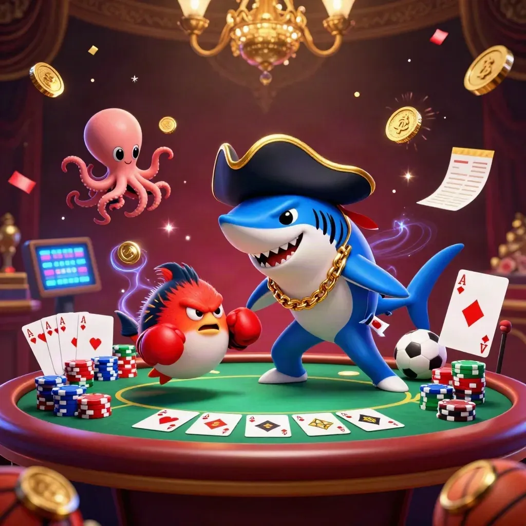 Cartoon pirate shark, boxing pufferfish and juggling octopus amid casino chips and cards.
