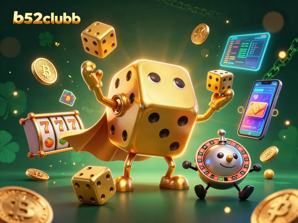 Experience thrilling gameplay at b52clubb with a vibrant casino illustration showcasing slot reels and 3D elements.