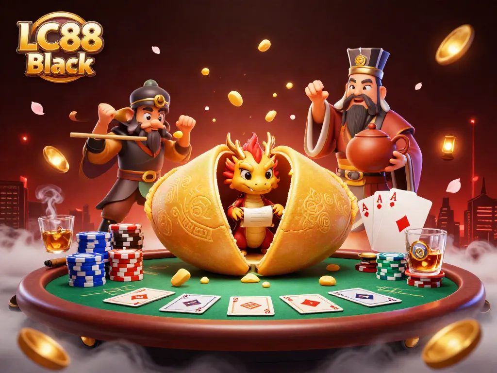 Engage with LC88 Black in this vibrant casino scene featuring a golden fortune cookie and poker highlights.
